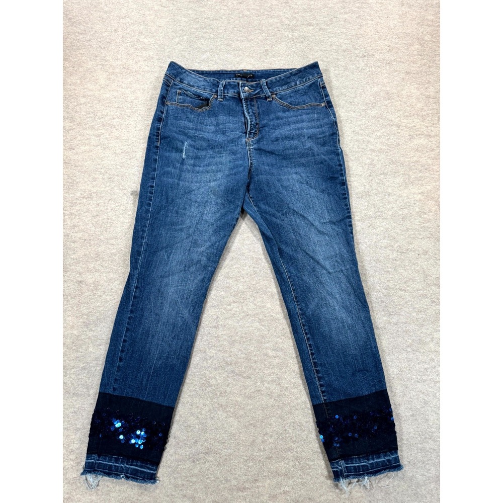 Signature Studio Skinny Ankle Jeans Womens 14 Blue Sequin Raw Hem Stretch Denim